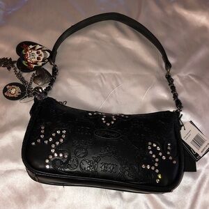 Ed Hardy Black Faux Leather Shoulder Bag Embossed Skull & Rhinestone Accents NWT